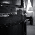 Black and White photo of a door at registry office